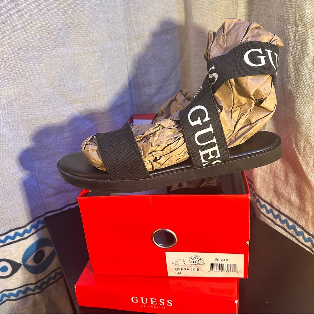 Guess Black Slide Sandals with White&Black Elastic Logo Straps w Box